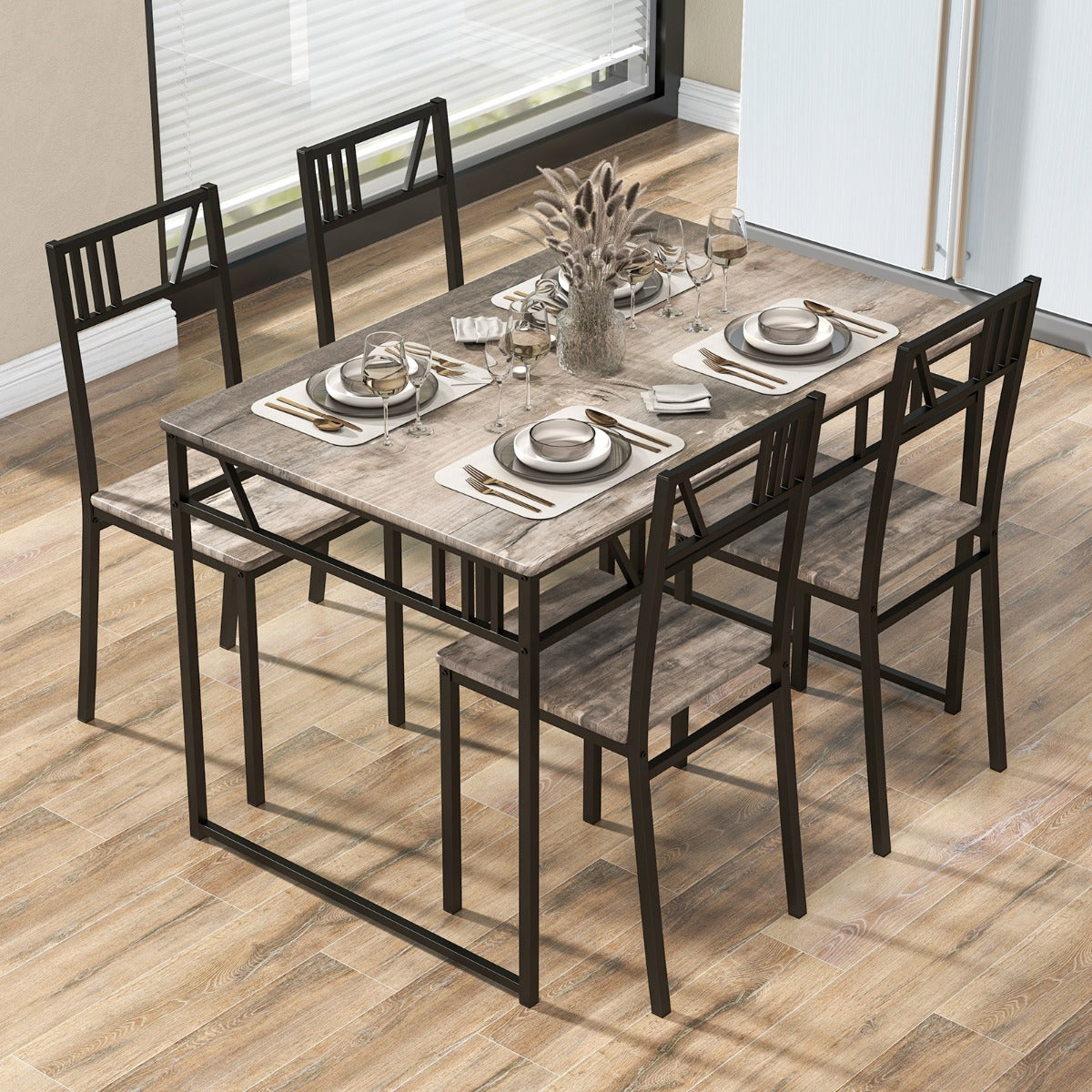 Conjunto de Mesa e Cadeiras Retangulares para Sala de Jantar com Estrutura de Metal Estilo Industrial Cinza