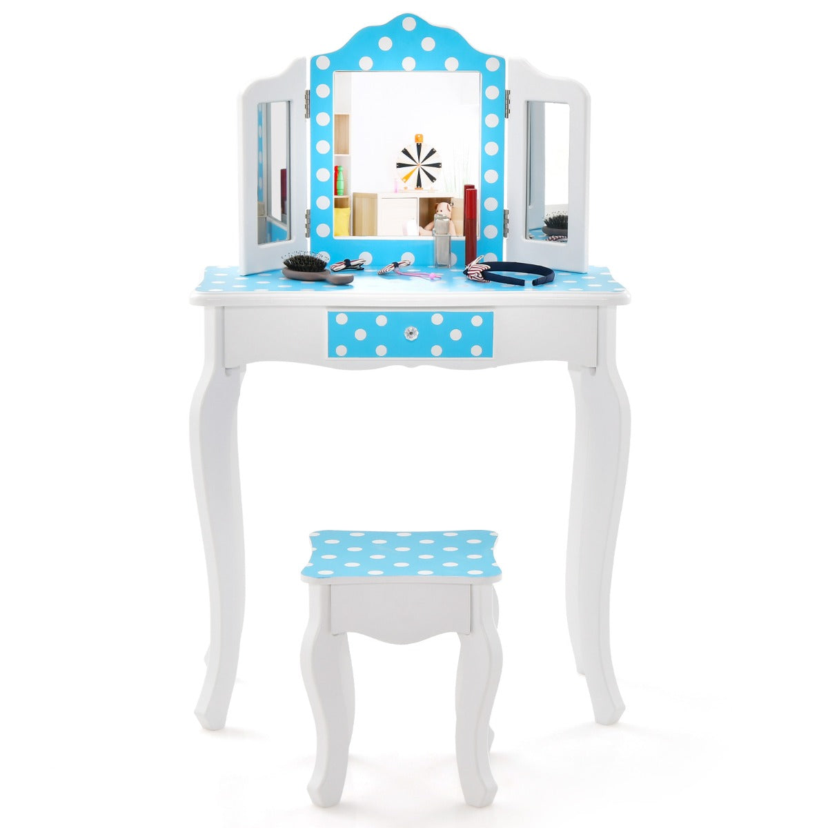 Conjunto de Mesa e Banquinho para Crianças – Azul e Branco – MDF