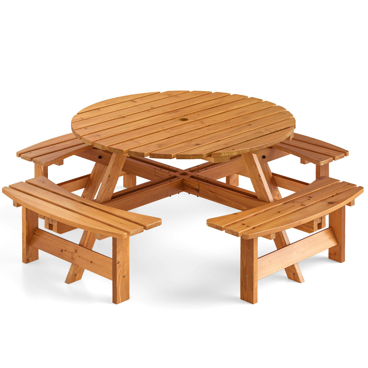 Mesa de Piquenique com Bancos para 8 Pessoas - Mesa de Pátio Circular com Furo para Guarda-Sol de 5 cm Amarelo