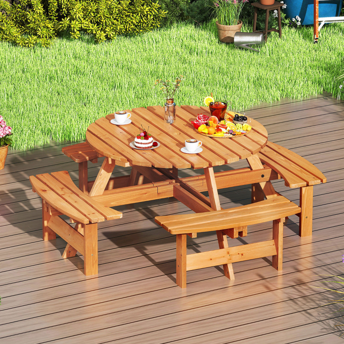 Mesa de Piquenique com Bancos para 8 Pessoas - Mesa de Pátio Circular com Furo para Guarda-Sol de 5 cm Amarelo