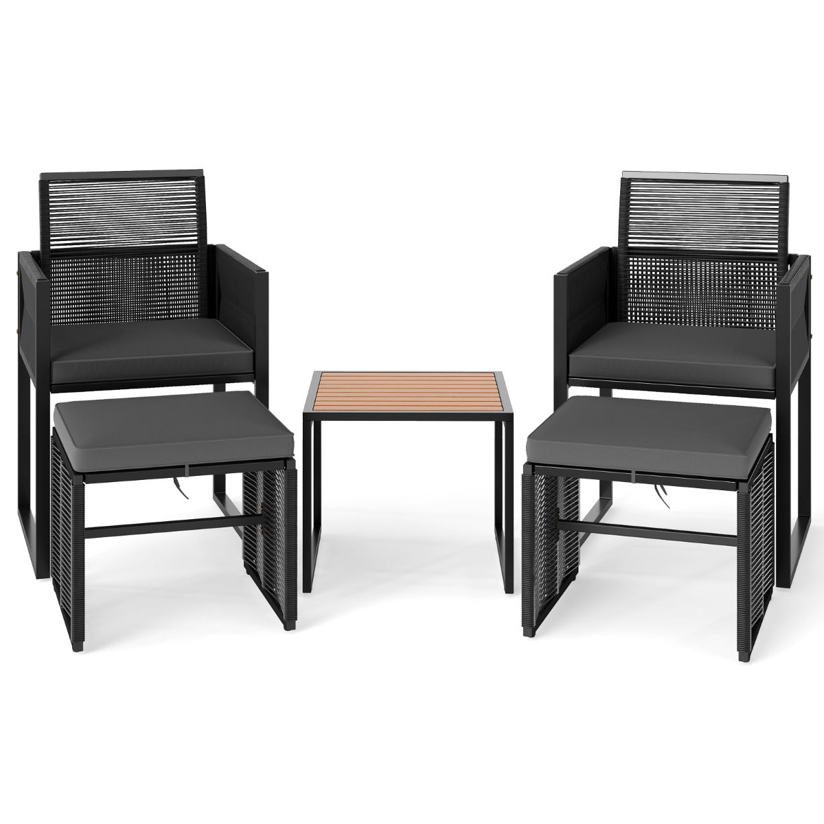 Conjunto de Mobiliário de Exterior em Ratan PE de 5 Peças com Otomanas, Almofadas e Mesa de Café em Madeira de Acácia - Cinzento