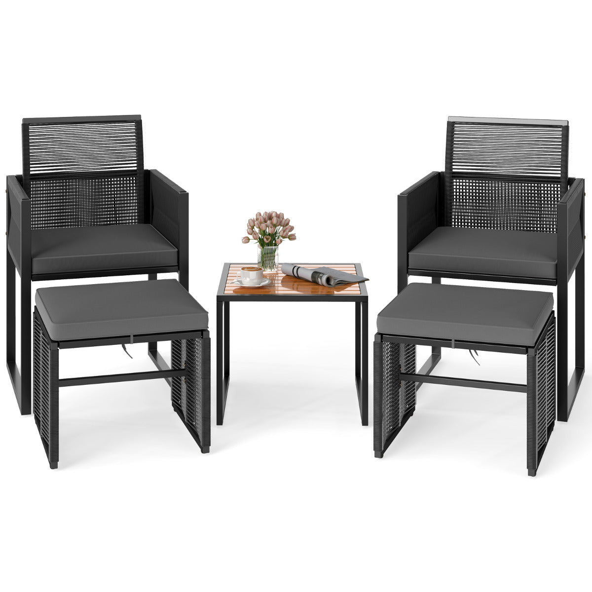 Conjunto de Mobiliário de Exterior em Ratan PE de 5 Peças com Otomanas, Almofadas e Mesa de Café em Madeira de Acácia - Cinzento