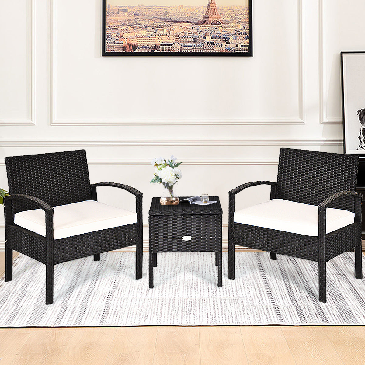 Conjunto de Móveis de Exterior de 3 Peças – Branco – Ratã PE, Metal