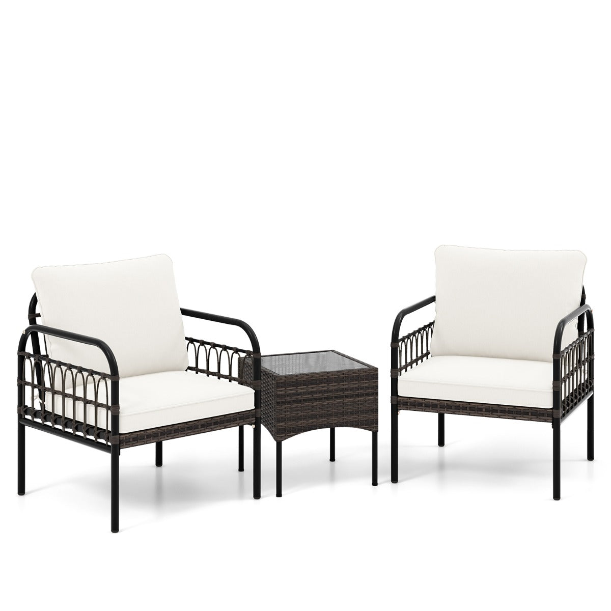 Conjunto de Móveis de 3 Peças em Vime de Rattan – 40 cm x 40 cm x 43 cm, 63 cm x 62 cm x 75 cm – Branco