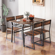 Conjunto de Móveis de 5 Peças com Mesa Retangular Industrial para Sala de Jantar, 4 Cadeiras, Estante de Armazenamento e Estrutura em Metal Castanho