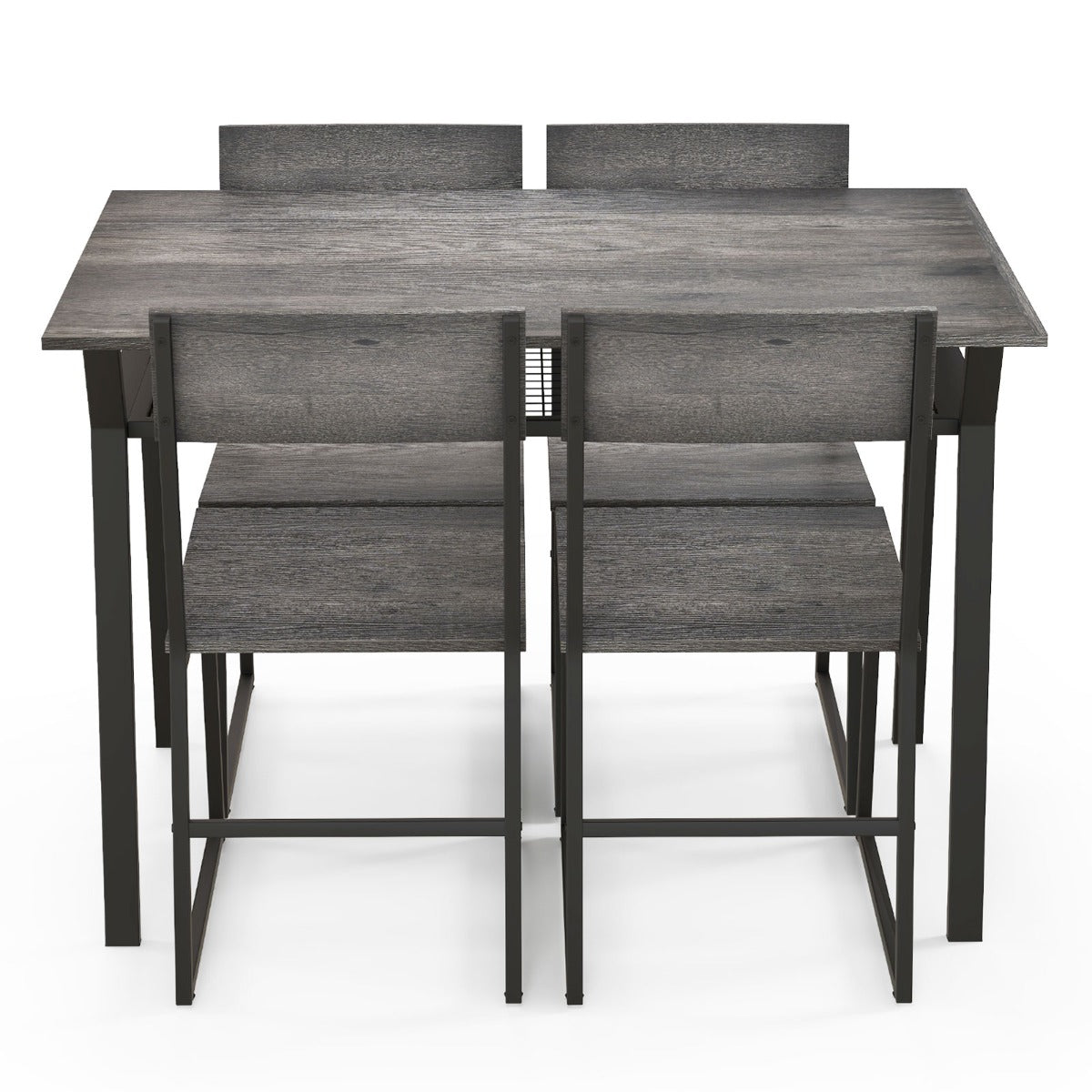 Conjunto de Mobiliário de 5 Peças com Mesa Retangular Industrial para Sala de Jantar, 4 Cadeiras, Estante de Armazenamento e Estrutura em Metal Cinzento