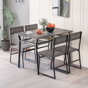 Conjunto de Mobiliário de 5 Peças com Mesa Retangular Industrial para Sala de Jantar, 4 Cadeiras, Estante de Armazenamento e Estrutura em Metal Cinzento
