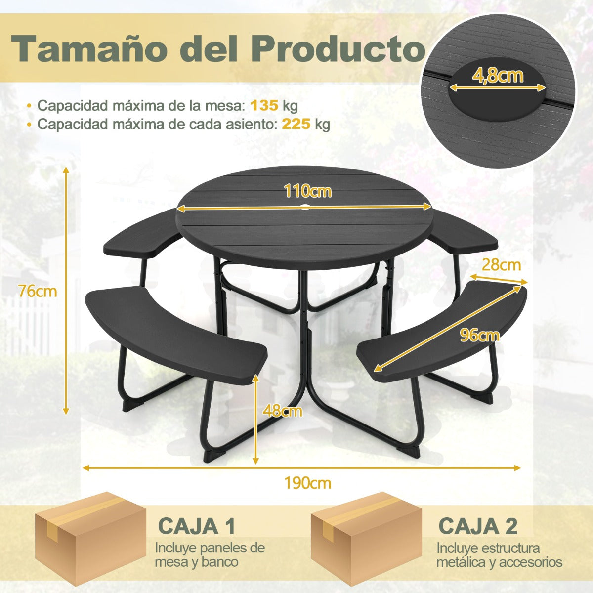 Mesa de Piquenique Redonda – 110 cm – Preto – HDPE