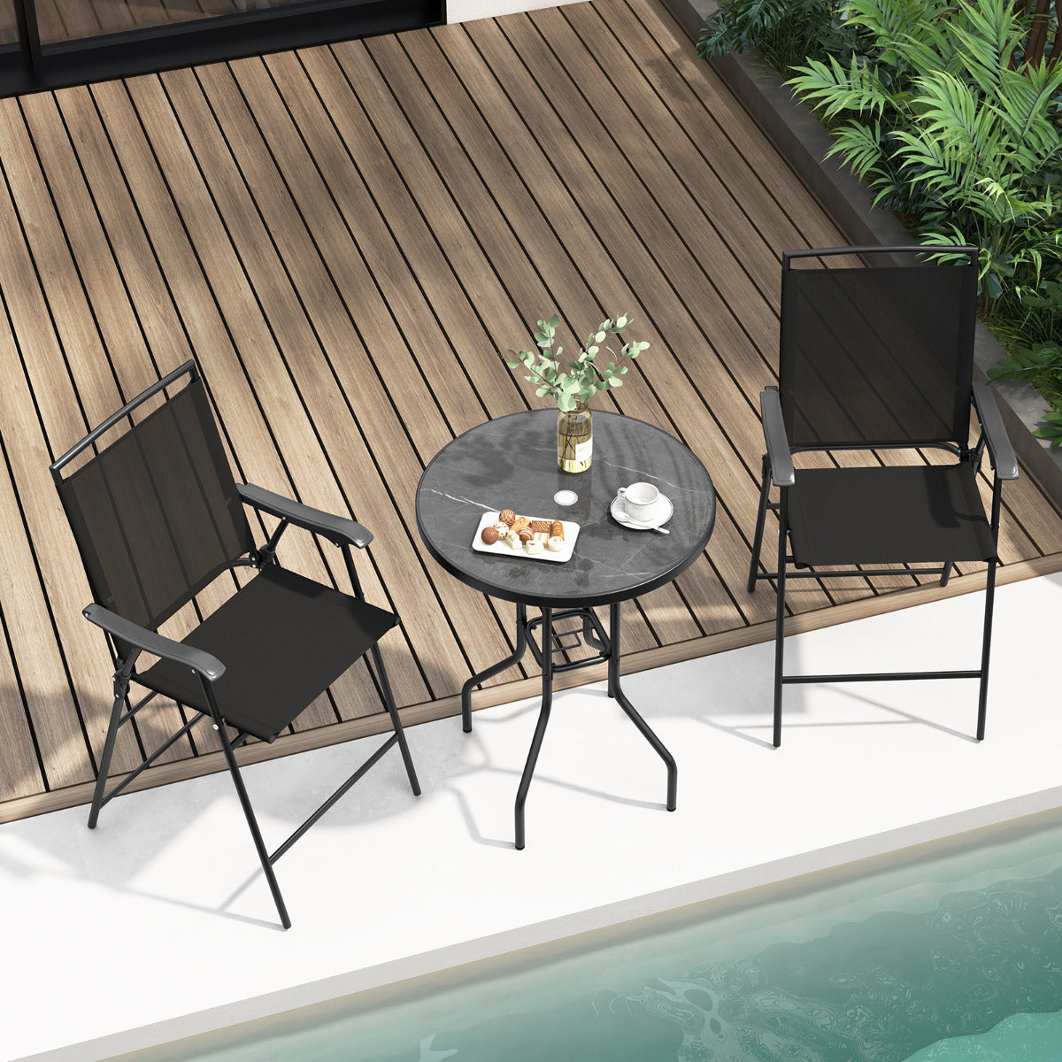 Conjunto de Jantar de Jardim – 2 Cadeiras e 1 Mesa de Bistrô – Preto