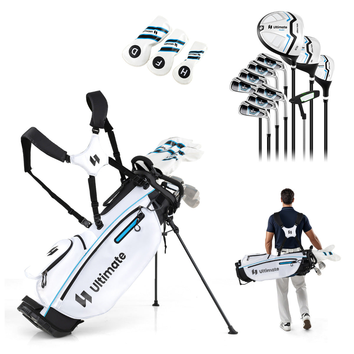 Conjunto Completo de Tacos de Golfe para Homem com Bolsa de Suporte Inclui Driver #1 460CC Madeira #3 Híbrido Ferros #5#6#7#8#9#P#S Putter Branco