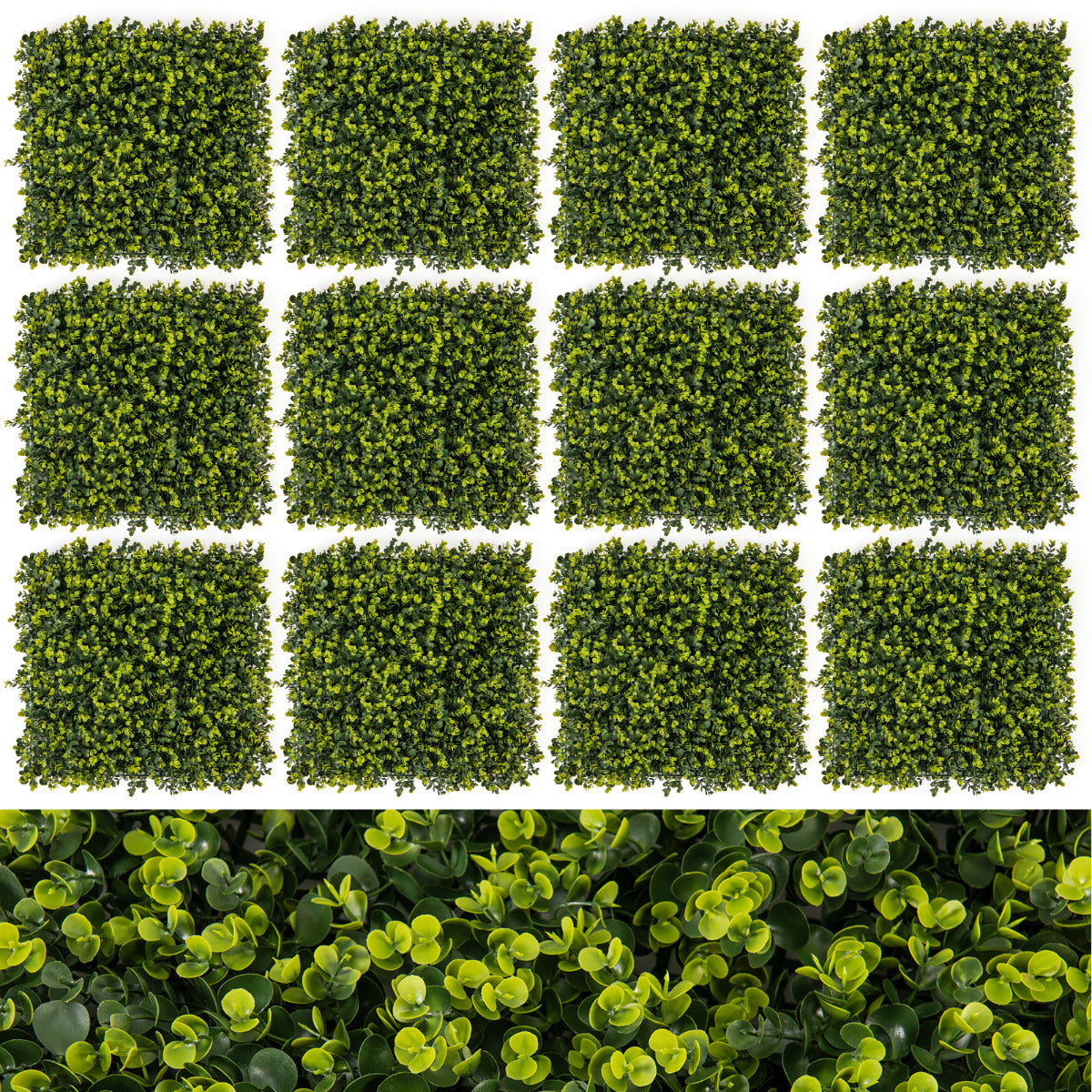 Conjunto de 12 Painéis de Sebe Artificial com Textura Curva para Jardim 50 x 50 cm