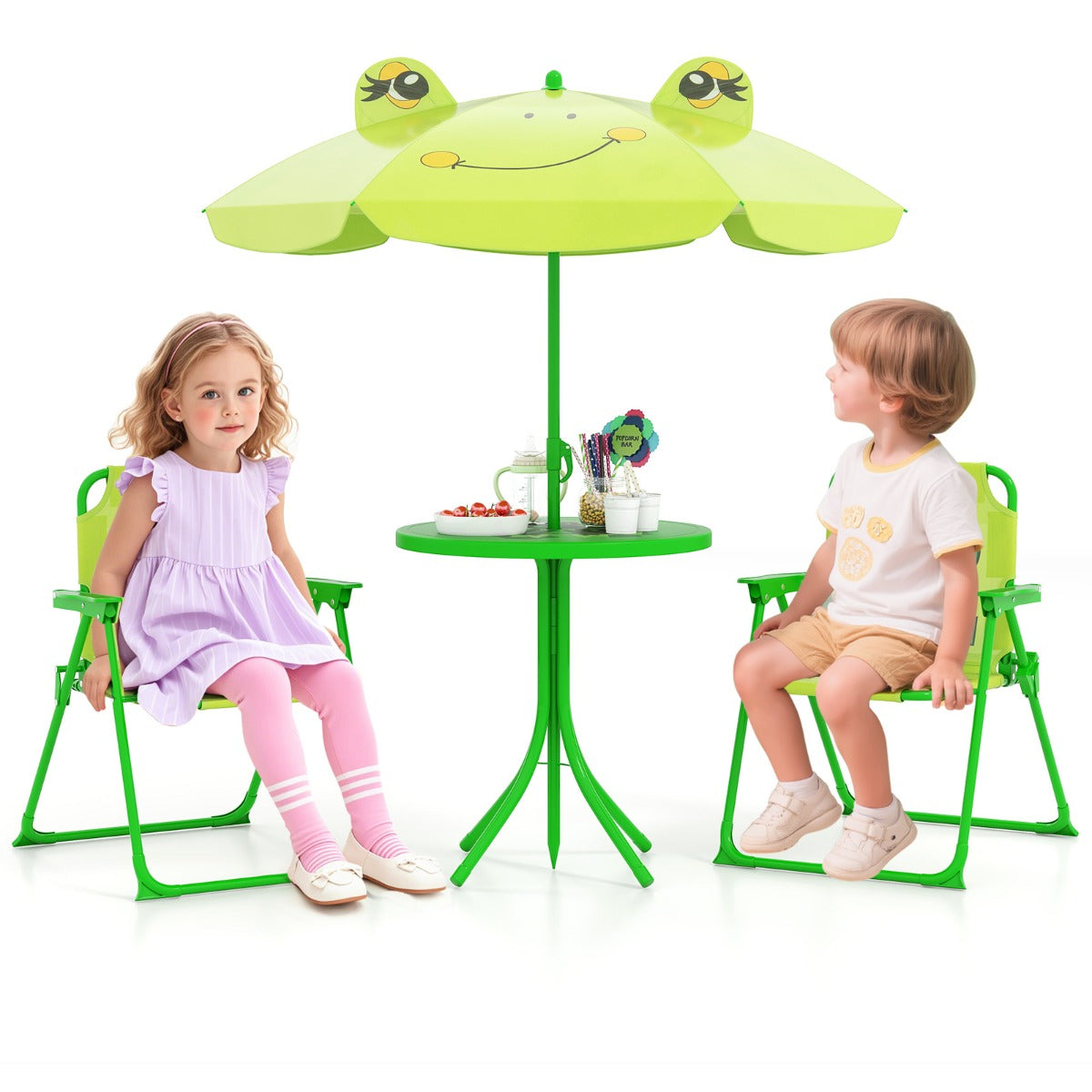 Conjunto de Piquenique Infantil para 3-6 Anos Mesa de Atividades ao Ar Livre com 2 Cadeiras Dobráveis e Guarda-Sol Ajustável em Altura - Verde Claro