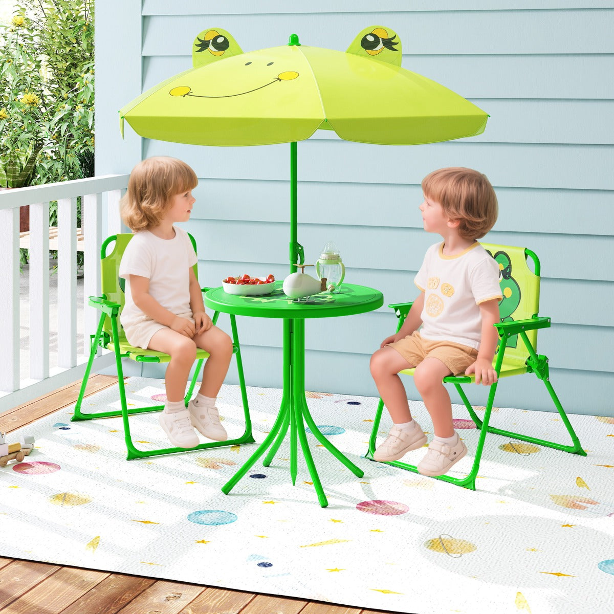 Conjunto de Piquenique Infantil para 3-6 Anos Mesa de Atividades ao Ar Livre com 2 Cadeiras Dobráveis e Guarda-Sol Ajustável em Altura - Verde Claro