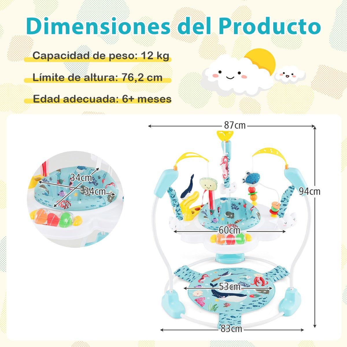 Centro de Atividades de Salto para Bebés a partir dos 6 Meses com Luzes, Som, Altura Ajustável, Brinquedos Interativos e Bandeja de Música Azul Claro