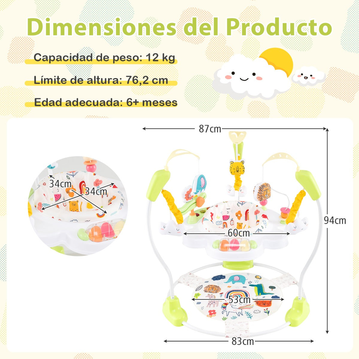 Centro de Atividades de Salto para Bebés a partir dos 6 Meses com Luzes, Som, Altura Ajustável, Brinquedos Interativos e Bandeja de Música em Amarelo