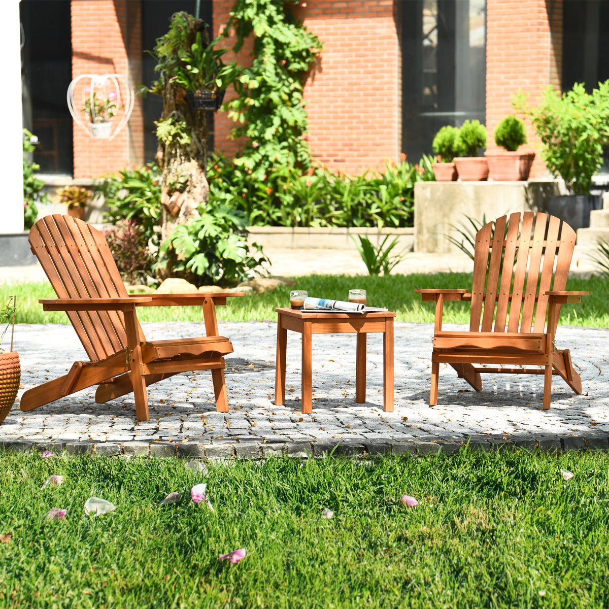 Conjunto de 3 Peças Silla Adirondack e Mesa de Madeira de Eucalipto para Jardim