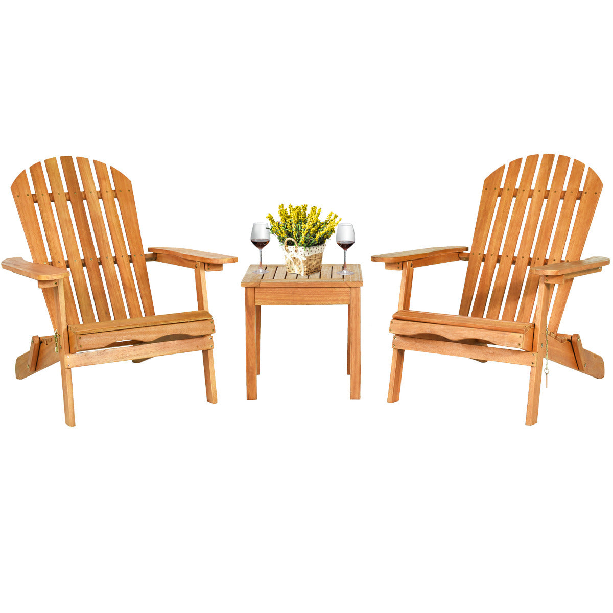 Conjunto de 3 Peças Silla Adirondack e Mesa de Madeira de Eucalipto para Jardim