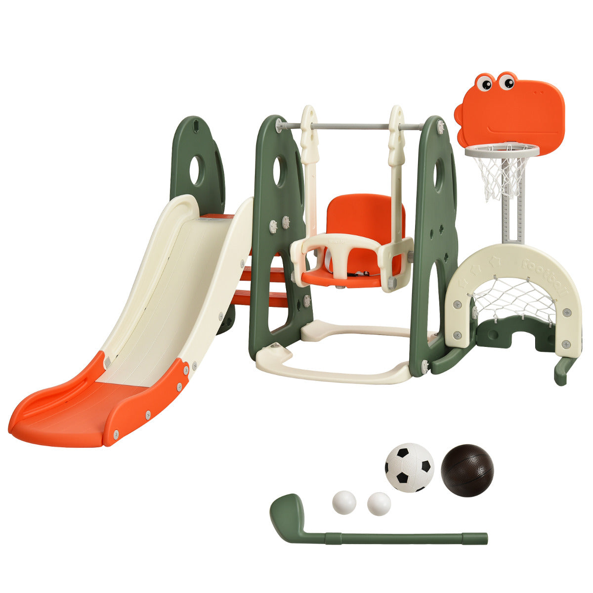Parque Infantil 6 em 1 com Tobogã, Columpio, Escalar e Deslizar - Laranja