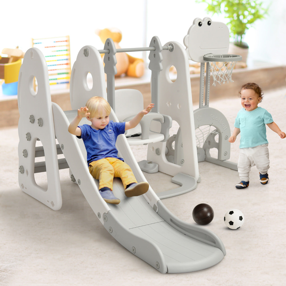 Parque Infantil 6 em 1 com Tobogã, Escalada, Columpio, Basquetebol, Futebol e Golfe para Crianças a partir dos 18 Meses 172 x 182 x 120 cm Branco