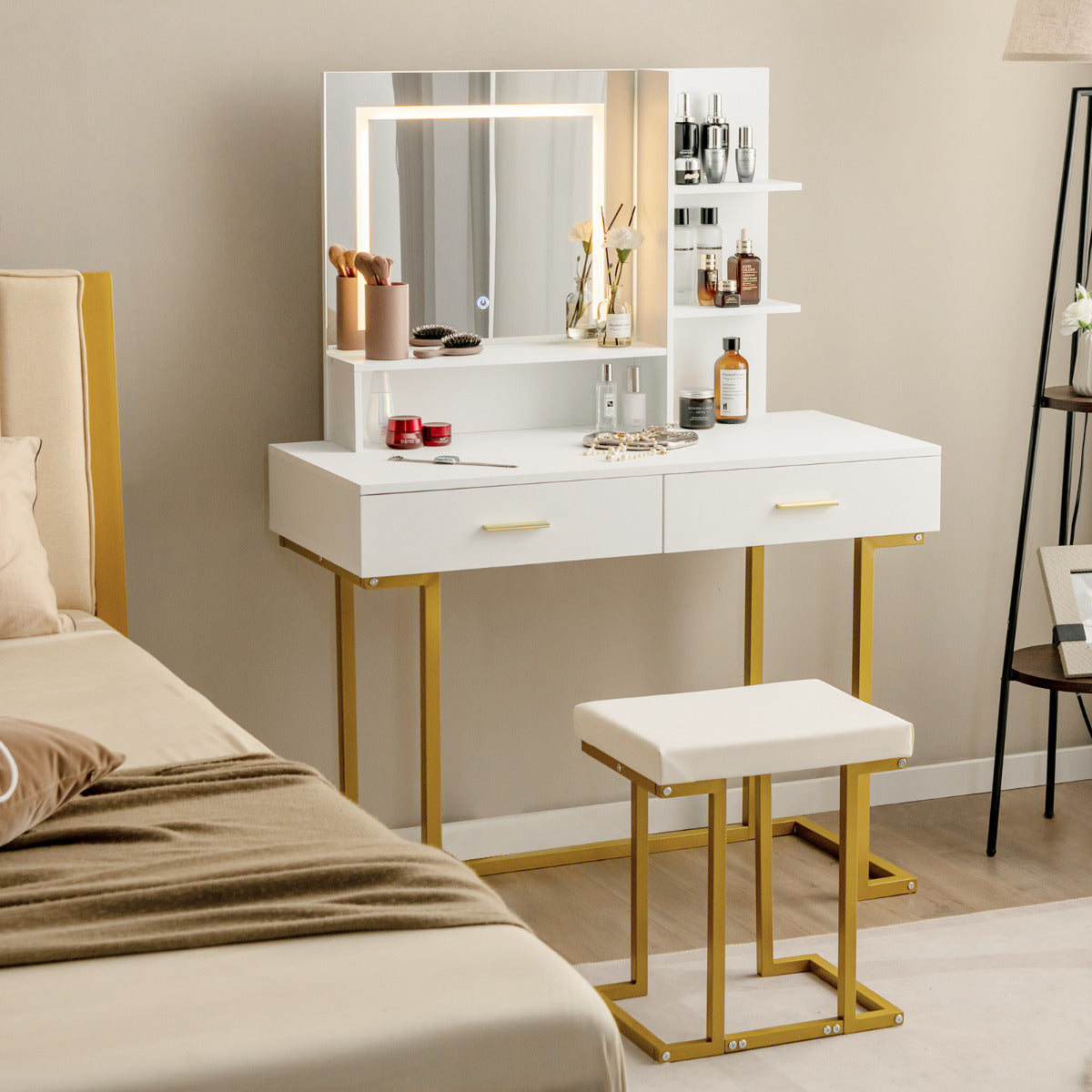 Conjunto de Toucador com Espelho Grande Mesa de Maquilhagem com Banco Acolchoado Luzes LED 2 Gavetas Prateleiras Pernas de Aço Branco