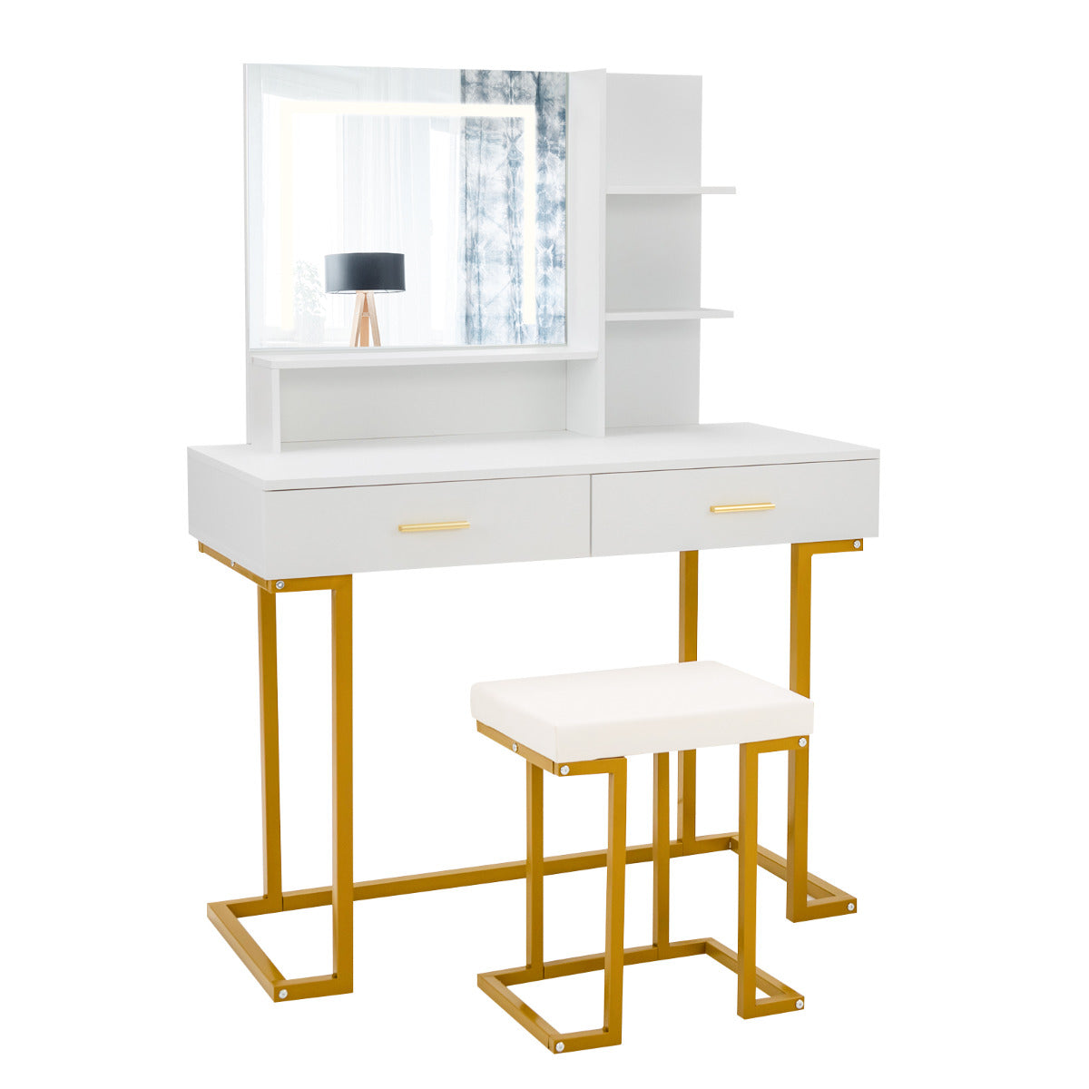 Conjunto de Toucador com Espelho Grande Mesa de Maquilhagem com Banco Acolchoado Luzes LED 2 Gavetas Prateleiras Pernas de Aço Branco