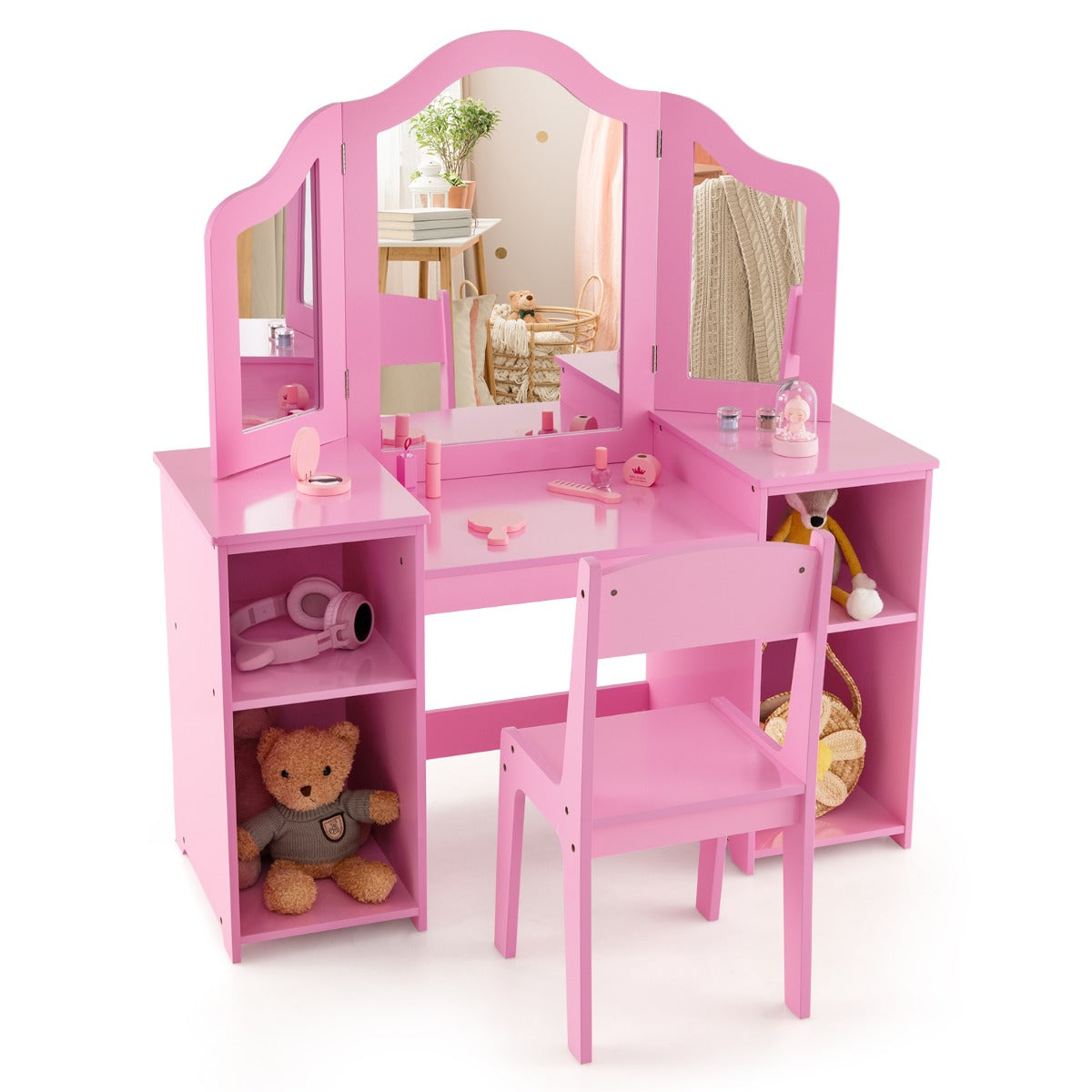 Toucador Infantil com Espelho Tri-Plegável e Cadeira – 104 cm x 40 cm – Rosa – MDF