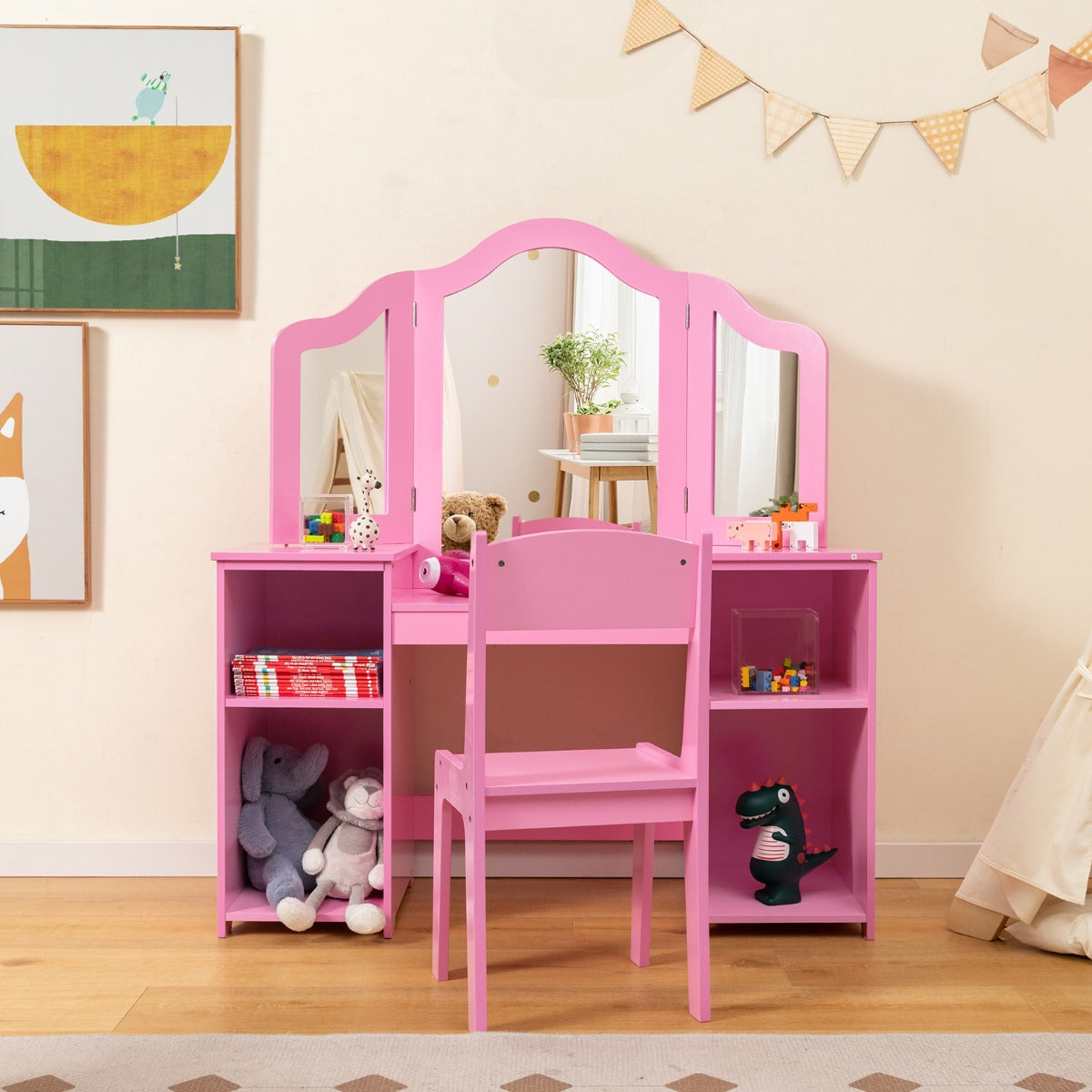 Toucador Infantil com Espelho Tri-Plegável e Cadeira – 104 cm x 40 cm – Rosa – MDF