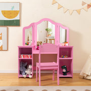 Toucador Infantil com Espelho Tri-Plegável e Cadeira – 104 cm x 40 cm – Rosa – MDF