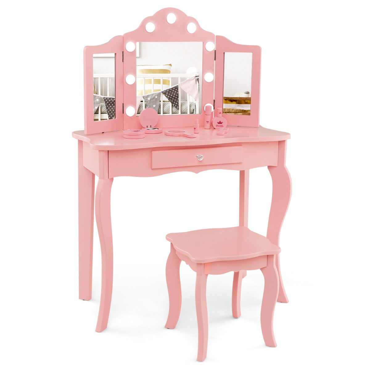 Conjunto de Tocador e Banqueta – 70 cm x 34 cm – Cor-de-Rosa – MDF