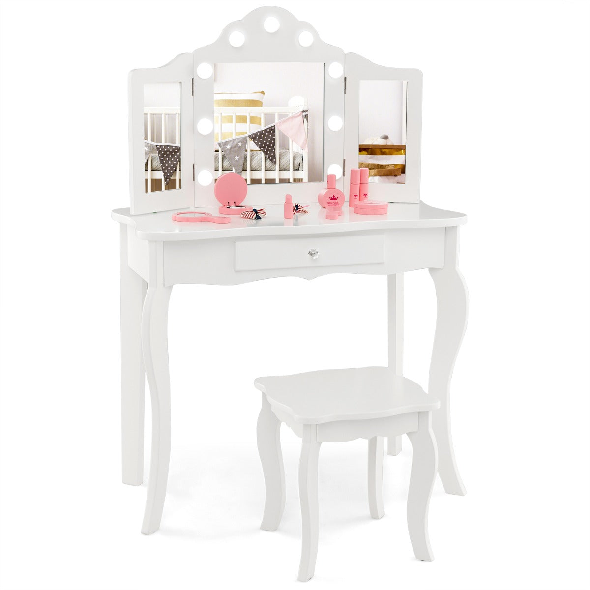 Conjunto de Tocador e Banqueta para Meninas – 70 cm x 34 cm – Branco – MDF e Espelho
