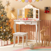 Conjunto de Tocador e Banqueta para Meninas – 70 cm x 34 cm – Branco – MDF e Espelho
