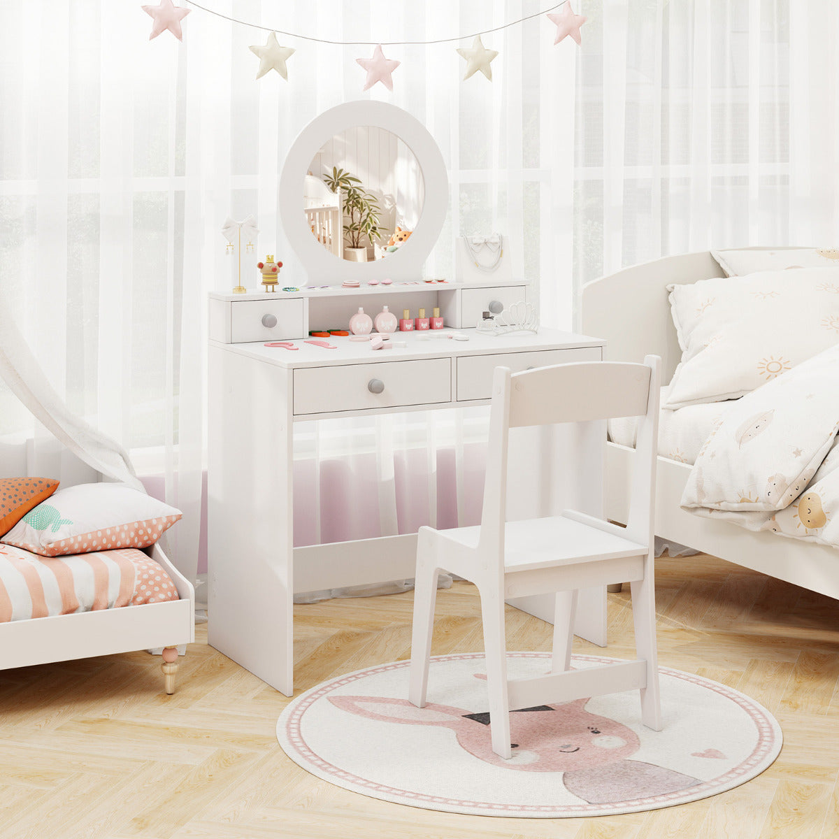 Tocador Infantil com Espelho, Secretária e Cadeira para Maquilhagem de Princesa com Estante e 4 Gavetas em Branco