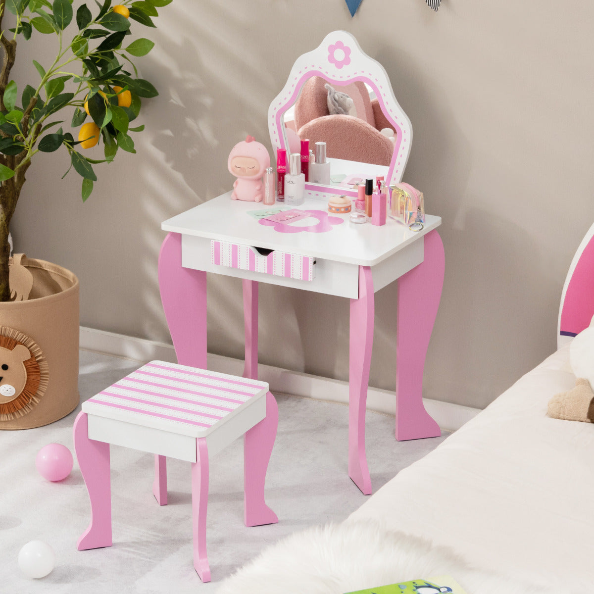 Conjunto de Tocador e Banqueta – Cor Branca e Rosa – MDF