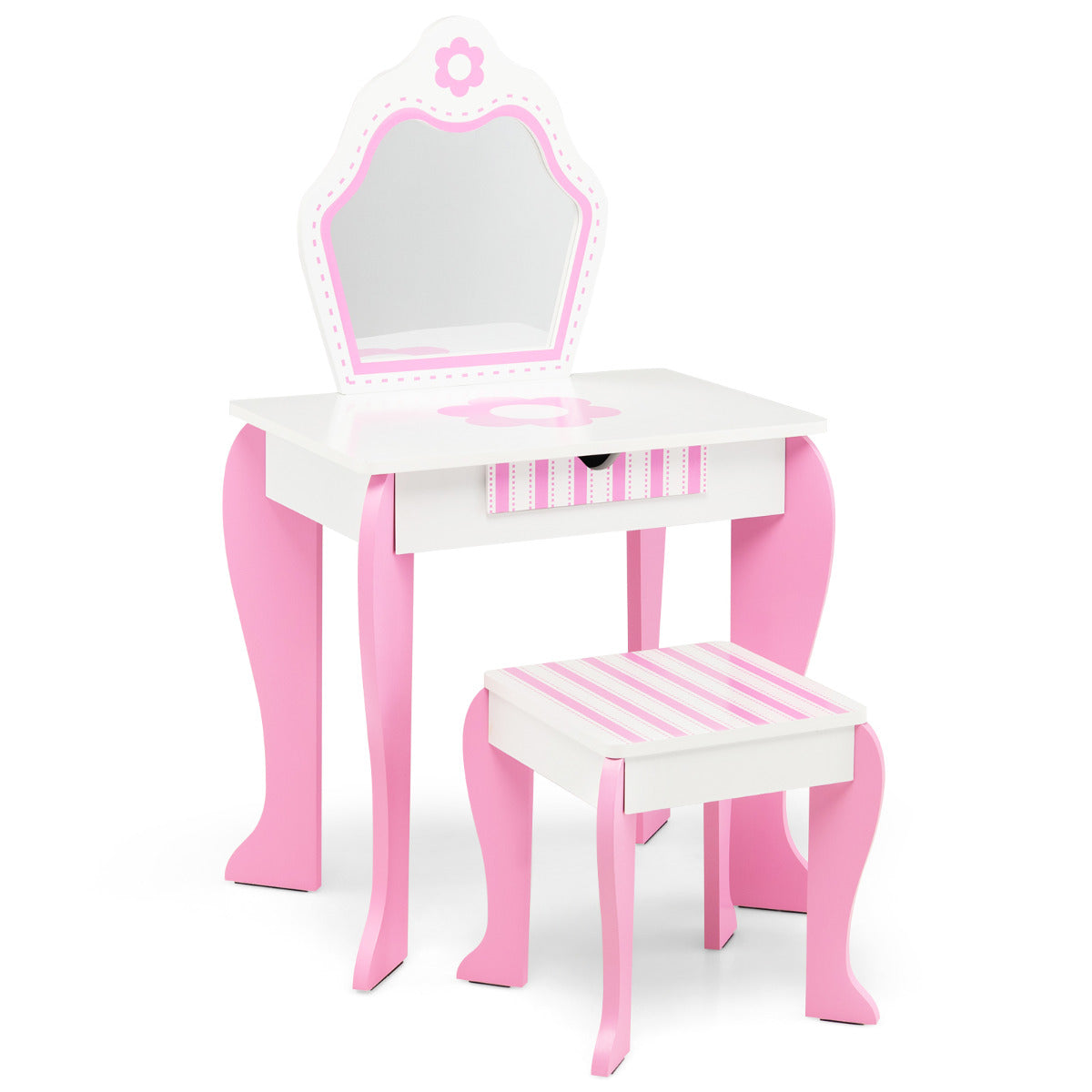 Conjunto de Tocador e Banqueta – Cor Branca e Rosa – MDF