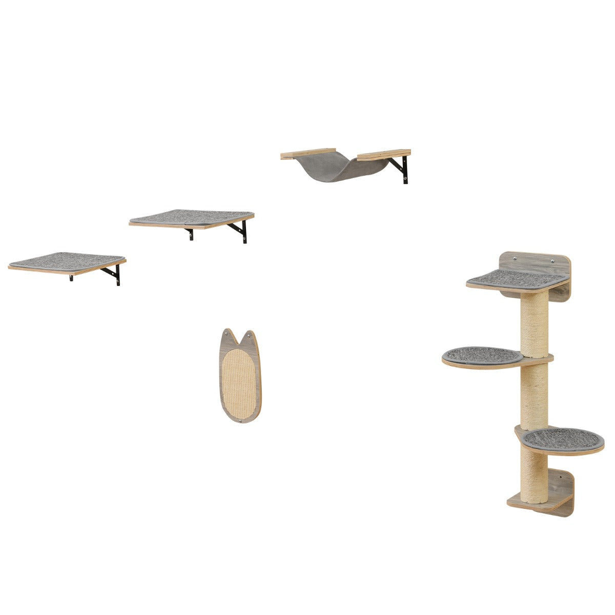Conjunto de Torre para Gatos Montada na Parede com Hamaca, Tábua para Arranhar e Almofadas Cinza e Natural
