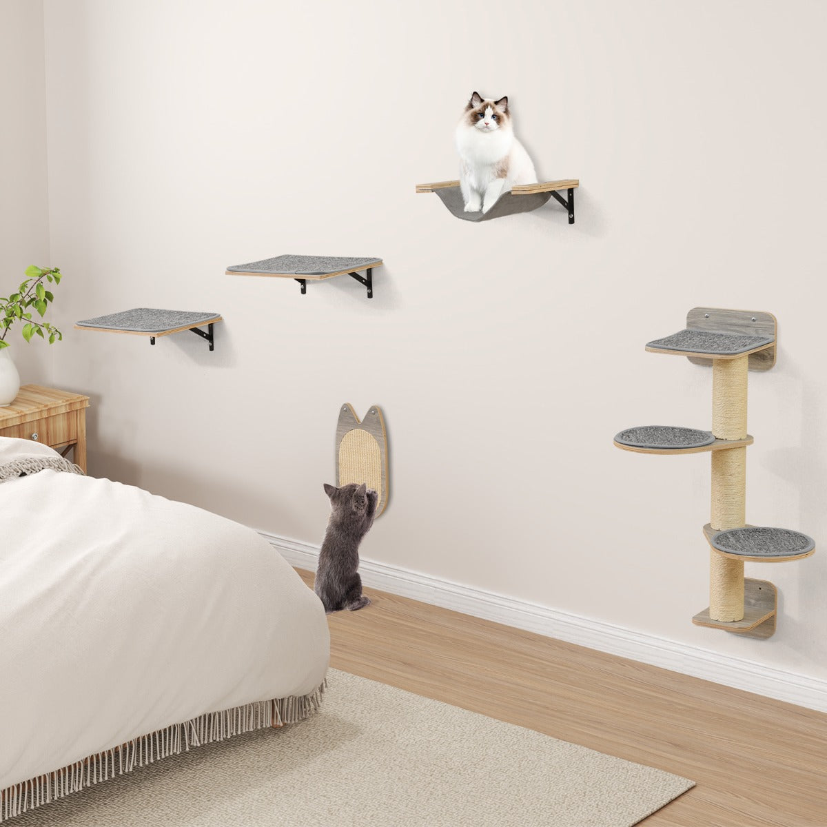 Conjunto de Torre para Gatos Montada na Parede com Hamaca, Tábua para Arranhar e Almofadas Cinza e Natural