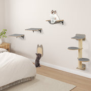 Conjunto de Torre para Gatos Montada na Parede com Hamaca, Tábua para Arranhar e Almofadas Cinza e Natural