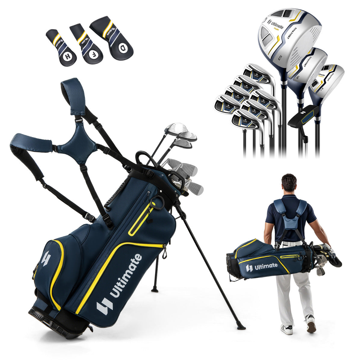 Conjunto Completo de Taco de Golfe para Homem Portátil com Bolsa Suporte Driver #1 #3 Madeira Híbrido Ferros #5#6#7#8#9#P#S Putter Amarelo