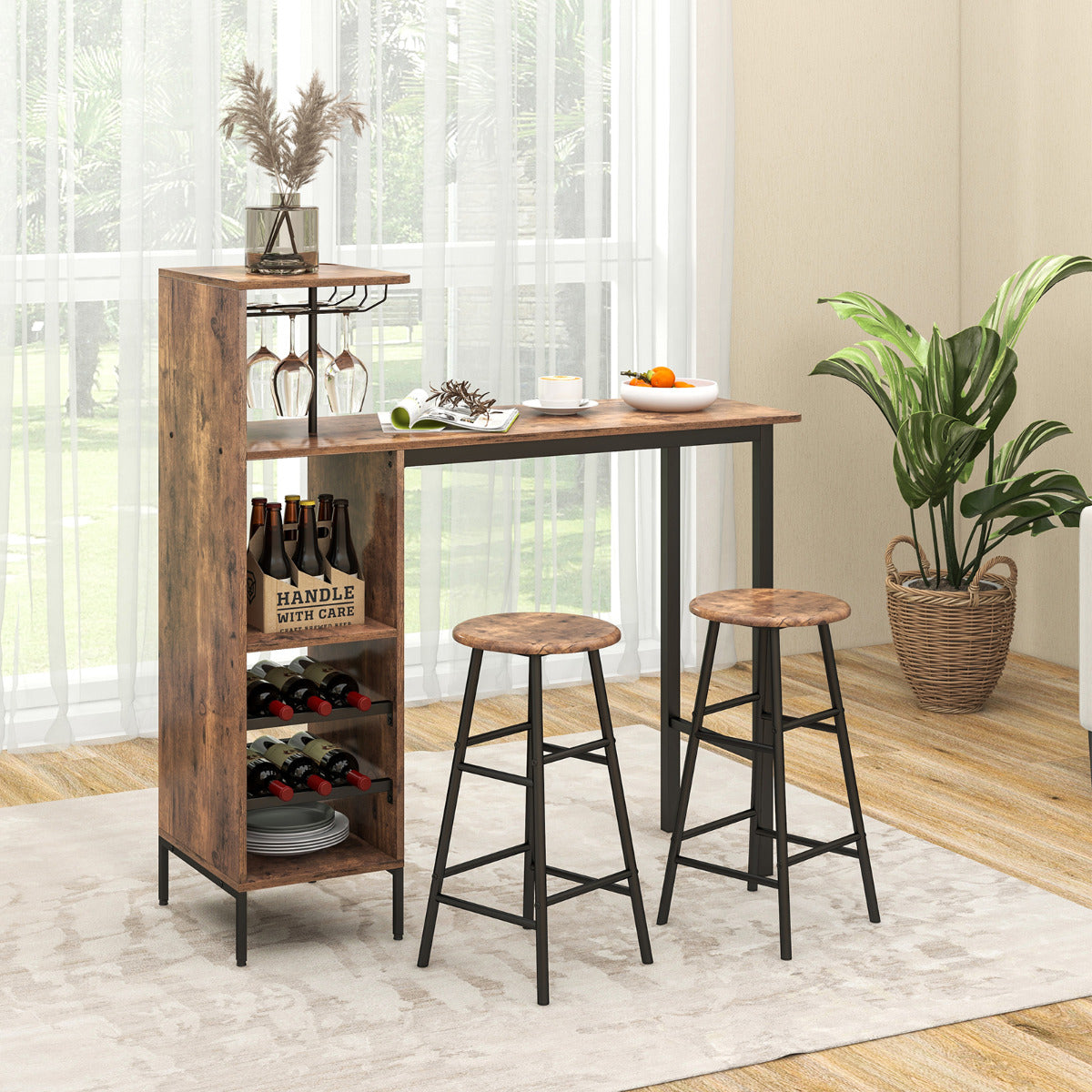Conjunto de Mesa e Cadeiras de Bar Industrial de 3 Peças com Suportes para Copos Prateleiras para Sala de Jantar Cozinha Café