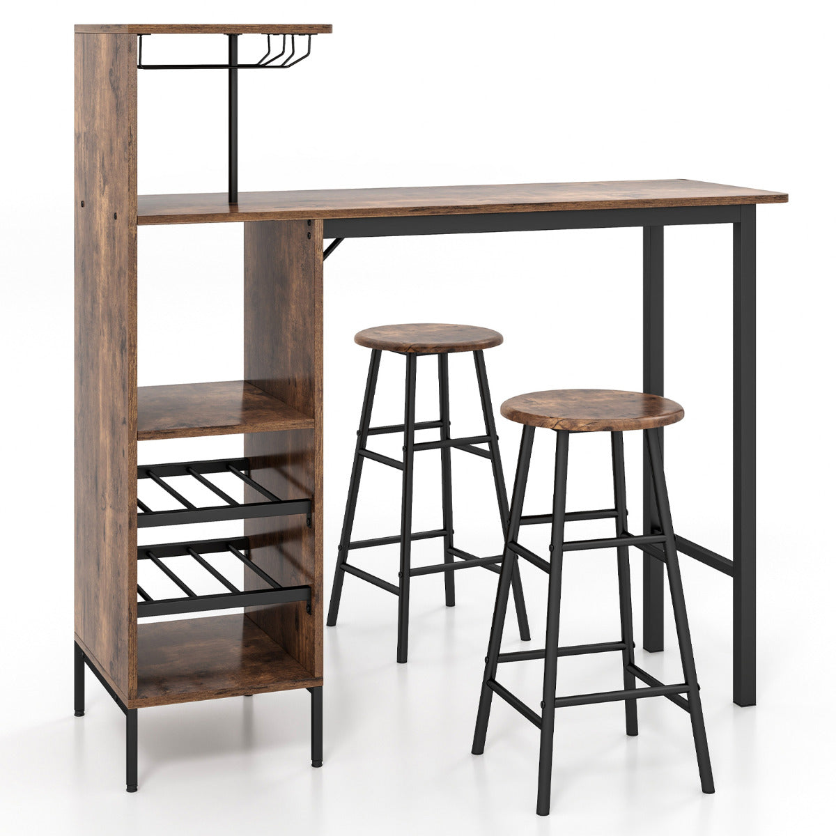 Conjunto de Mesa e Cadeiras de Bar Industrial de 3 Peças com Suportes para Copos Prateleiras para Sala de Jantar Cozinha Café