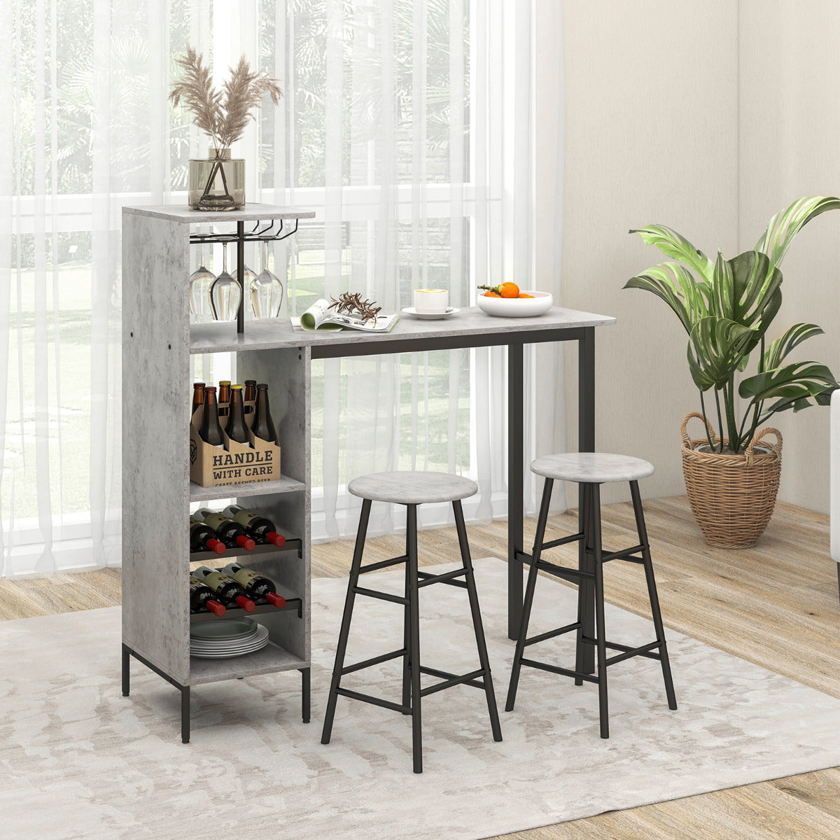 Conjunto de Mesa e Cadeiras de Bar Industrial de 3 Peças com Suportes para Copos Estantes para Sala de Jantar Cozinha Cinzento