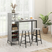Conjunto de Mesa e Cadeiras de Bar Industrial de 3 Peças com Suportes para Copos Estantes para Sala de Jantar Cozinha Cinzento