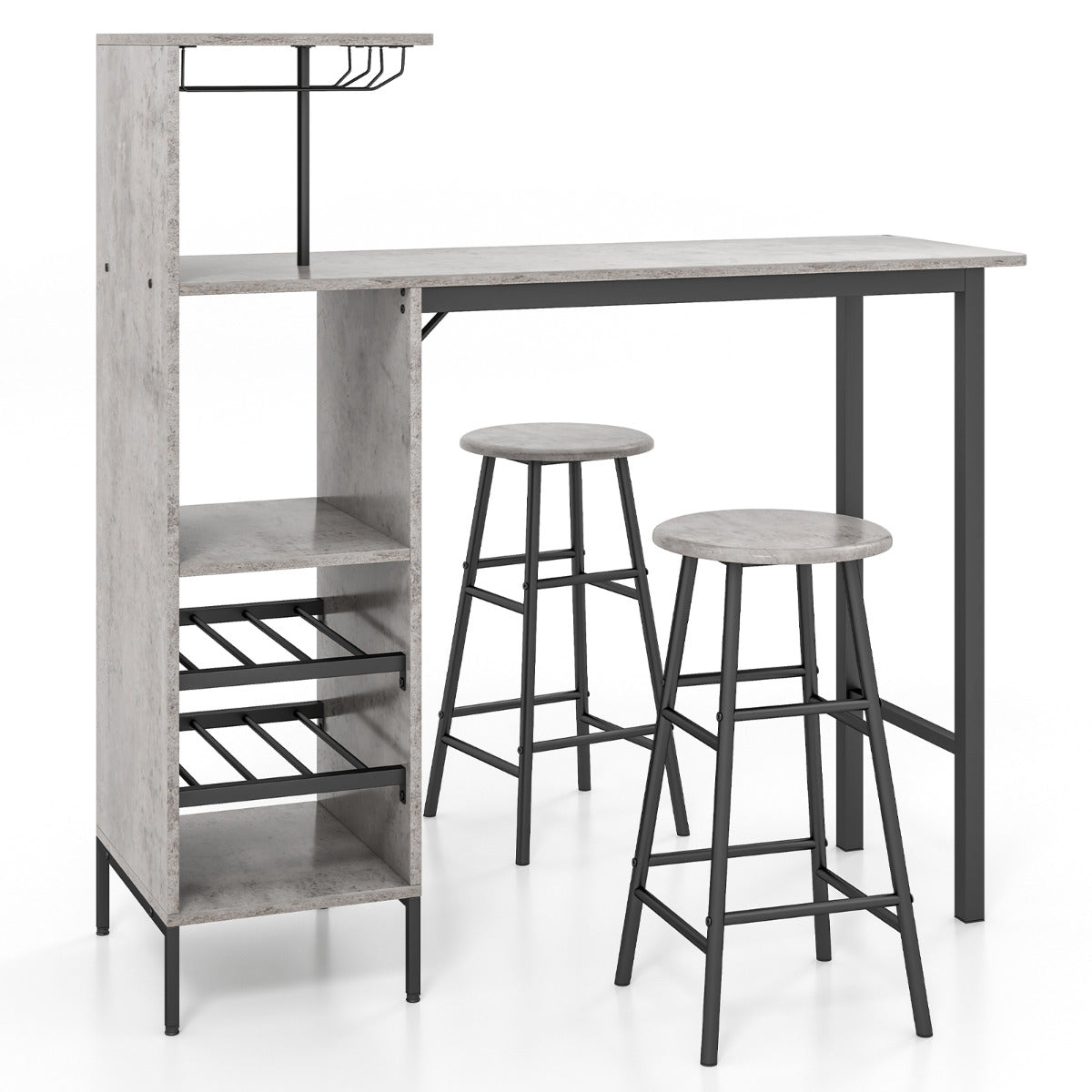 Conjunto de Mesa e Cadeiras de Bar Industrial de 3 Peças com Suportes para Copos Estantes para Sala de Jantar Cozinha Cinzento