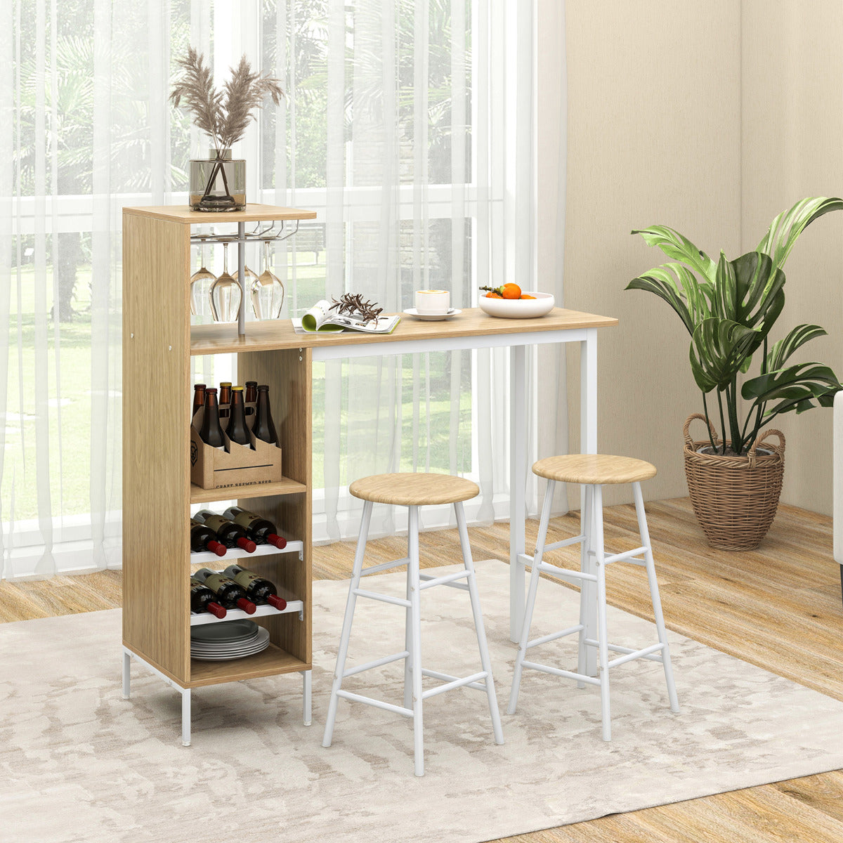 Conjunto de 3 Peças Mesa e Cadeiras de Bar Mesa e Bancos Industriais com Suportes para Copos Prateleiras para Sala de Jantar Cozinha Natural