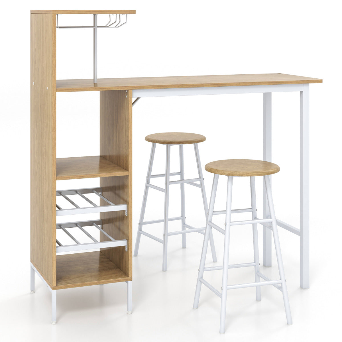 Conjunto de 3 Peças Mesa e Cadeiras de Bar Mesa e Bancos Industriais com Suportes para Copos Prateleiras para Sala de Jantar Cozinha Natural