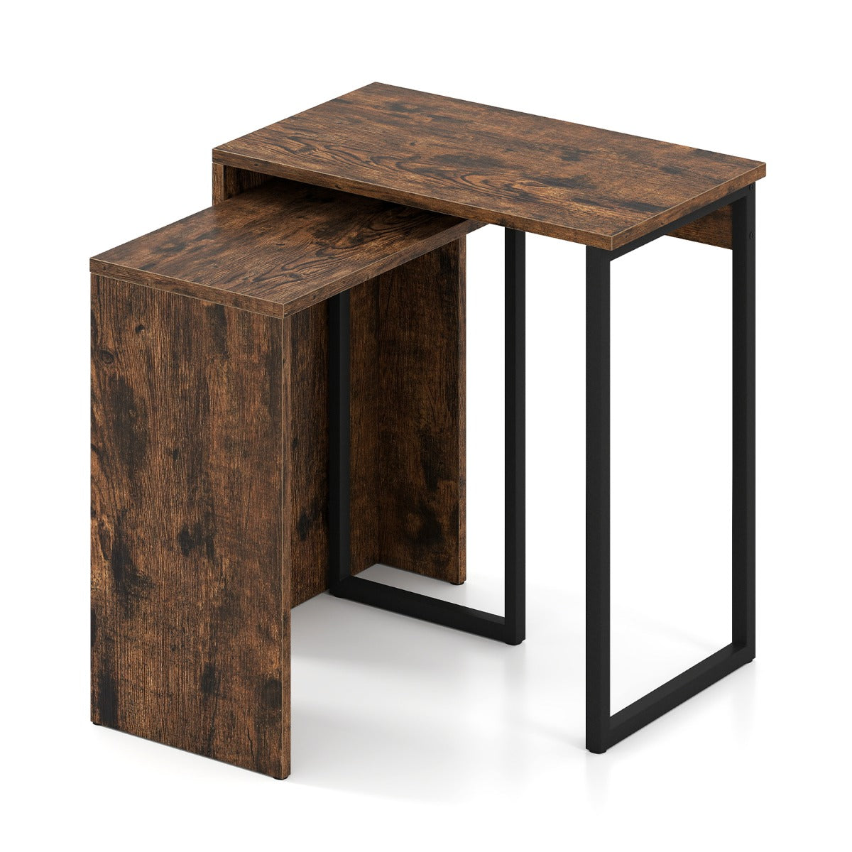 Conjunto de 2 Mesas de Café 2 em 1 Mesinha de Apoio para Sofá com Tampo de Imitação de Madeira e Estrutura Metálica Quarto Escritório Castanho