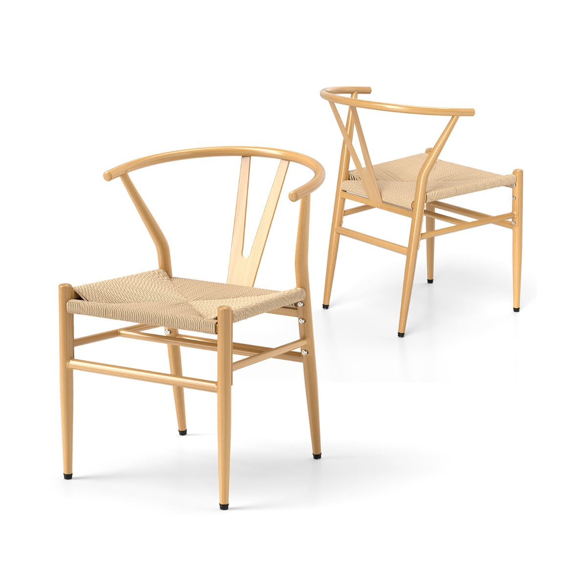 Conjunto de 2 Cadeiras de Jantar Cadeiras de Lazer Modernas com Encosto em Forma de Y Assento de Corda Tecida para Cozinha Escritório Natural