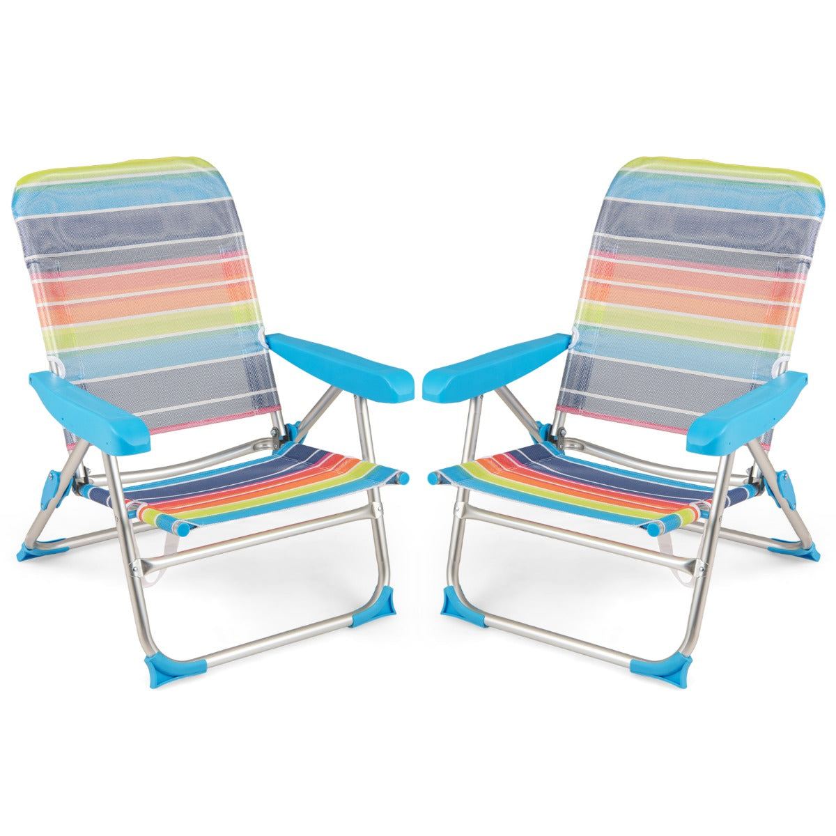 Conjunto de 2 Cadeiras de Praia para Adultos Cadeira de Piquenique Dobrável com Apoios de Braços Encosto com 4 Posições Alça de Transporte Multicolor