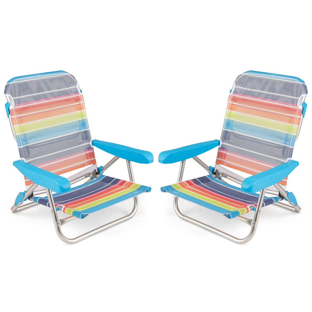 Conjunto de 2 Cadeiras de Praia para Adultos Cadeira Dobrável Reclinável de 5 Posições com Apoio de Braços Alça de Transporte