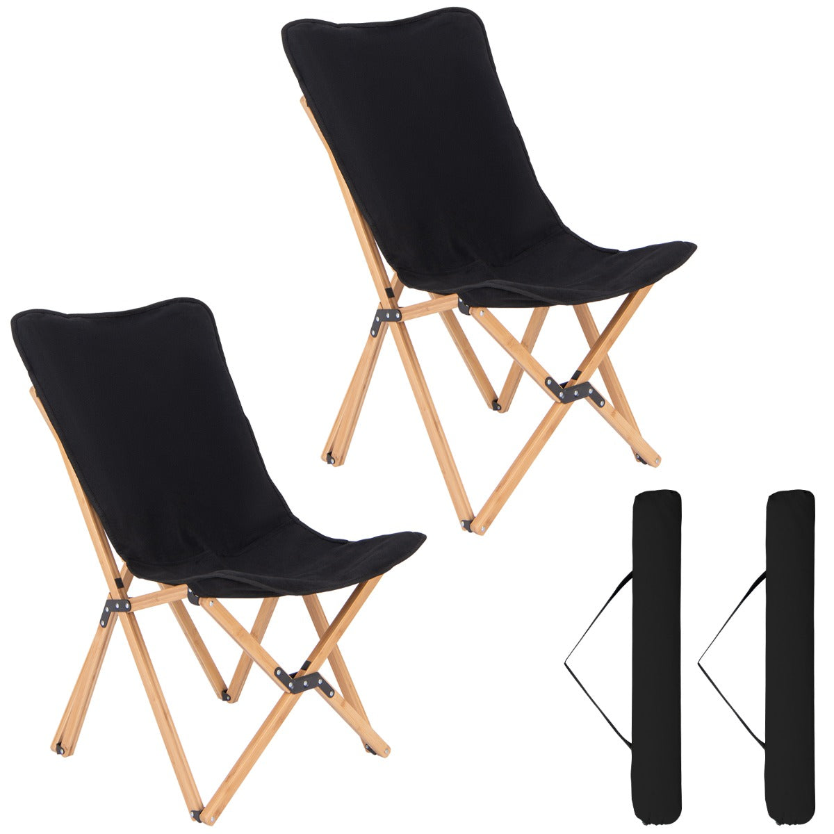 Conjunto de 2 Cadeiras Dobráveis Tipo Borboleta com Bolso de Armazenamento e Bolsa de Transporte para Campismo e Pesca 52 x 72,5 x 92,5 cm Preto